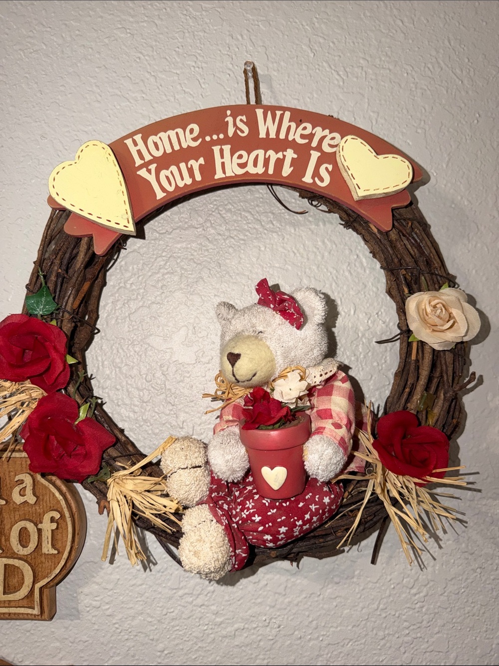 Vintage Cottagecore Teddy Bear Wreath with hearts and roses farmhouse granny